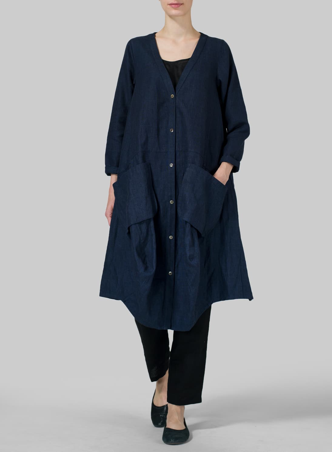 DARK DENIM LINEN LONG BLOUSE DRESS