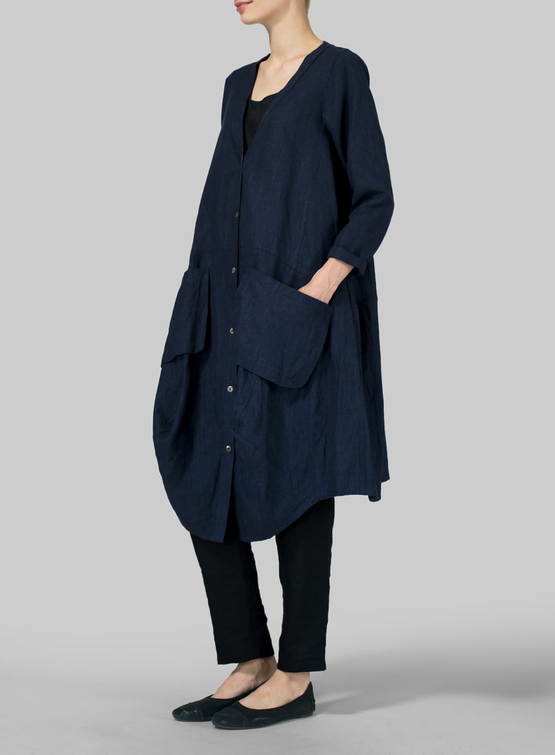 DARK DENIM LINEN LONG BLOUSE DRESS