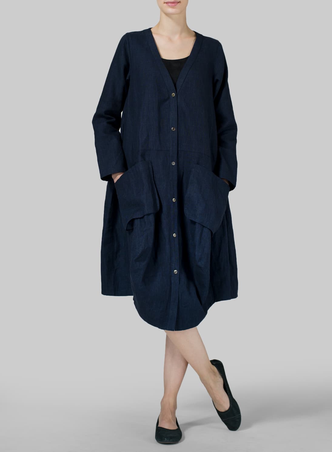 DARK DENIM LINEN LONG BLOUSE DRESS