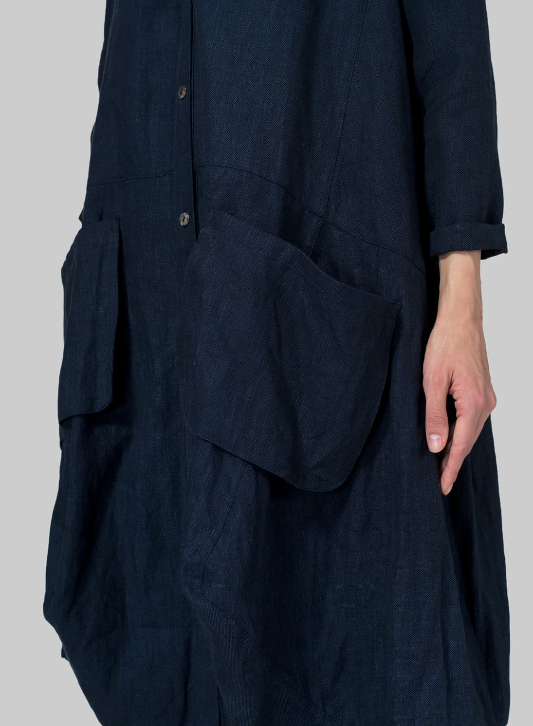 DARK DENIM LINEN LONG BLOUSE DRESS