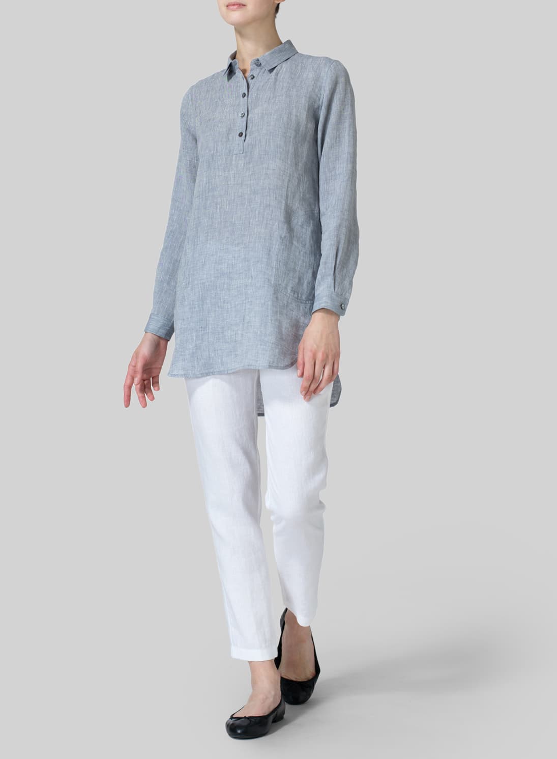 COOL GRAY LINEN CLASSIC COLLAR HALF BUTTON DOWN TUNIC