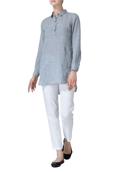 COOL GRAY LINEN CLASSIC COLLAR HALF BUTTON DOWN TUNIC