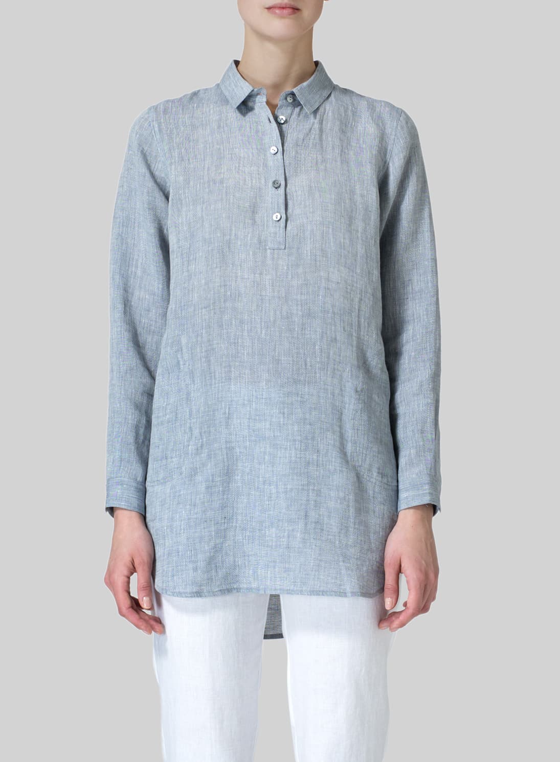 COOL GRAY LINEN CLASSIC COLLAR HALF BUTTON DOWN TUNIC