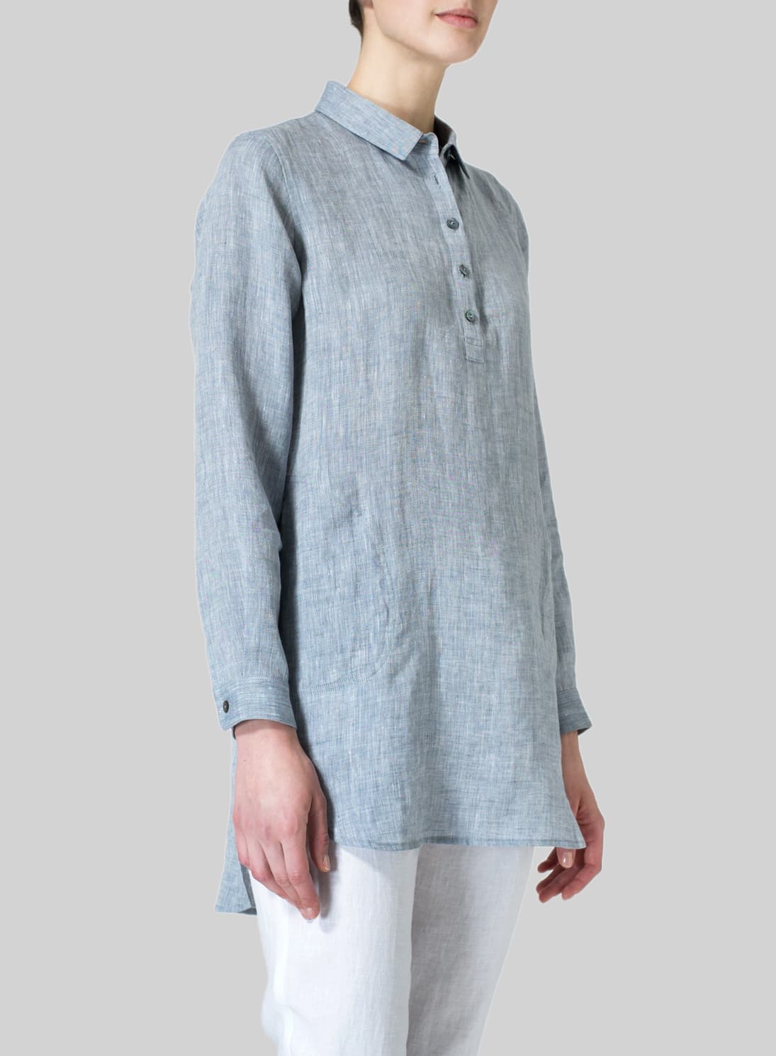 COOL GRAY LINEN CLASSIC COLLAR HALF BUTTON DOWN TUNIC