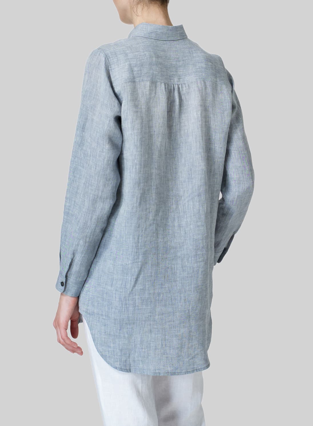 COOL GRAY LINEN CLASSIC COLLAR HALF BUTTON DOWN TUNIC