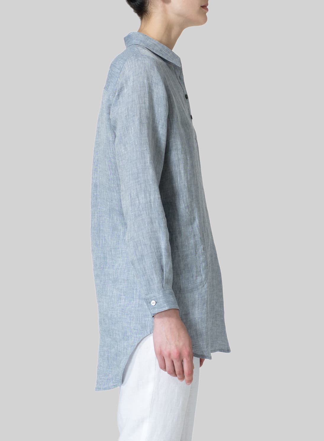 COOL GRAY LINEN CLASSIC COLLAR HALF BUTTON DOWN TUNIC