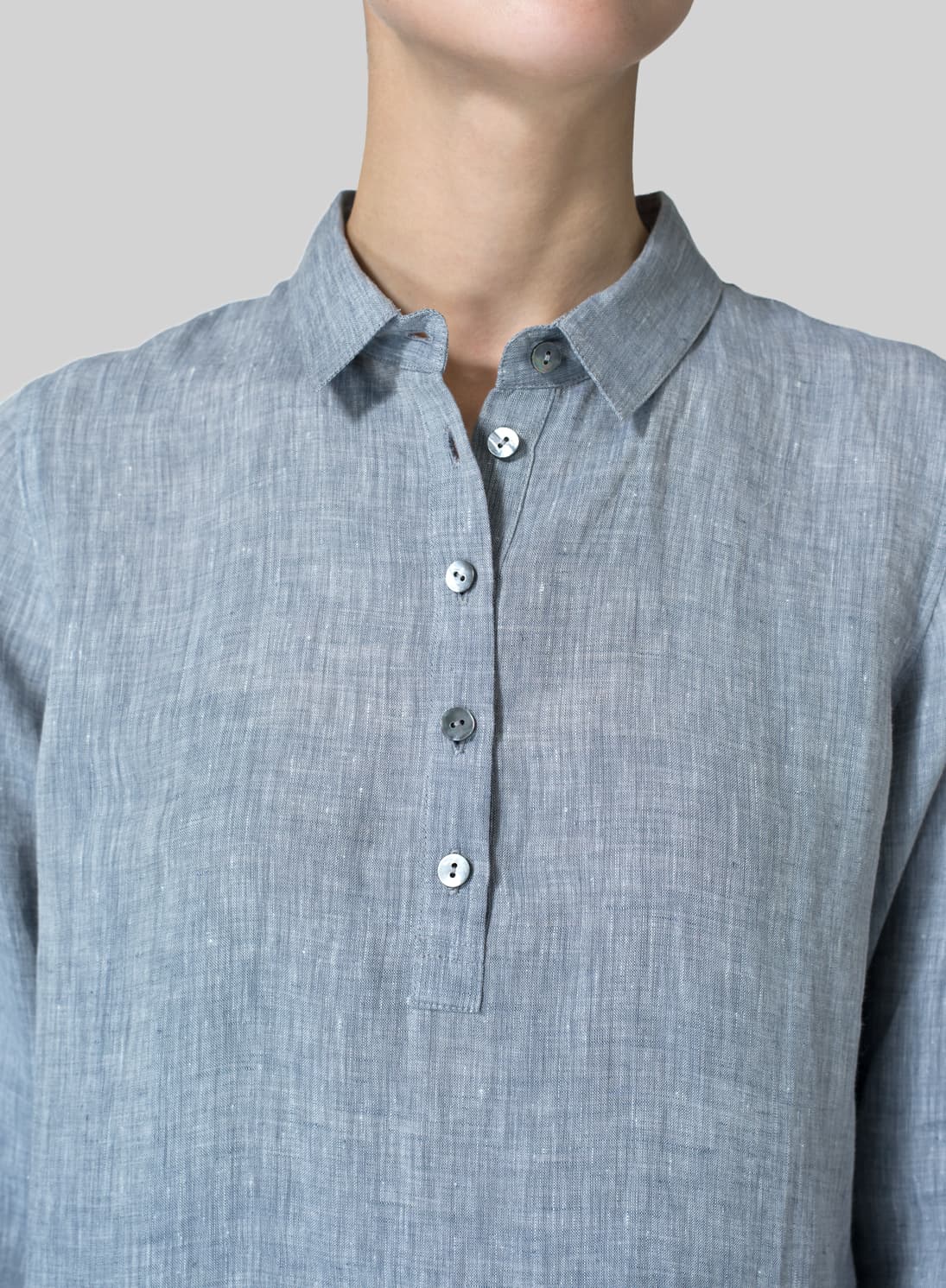 COOL GRAY LINEN CLASSIC COLLAR HALF BUTTON DOWN TUNIC