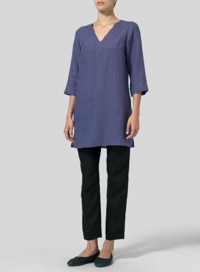 DARK SLATE PURPLE LINEN V NECKLINE PLEATED TUNICS
