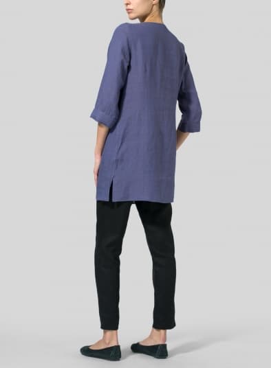 DARK SLATE PURPLE LINEN V NECKLINE PLEATED TUNICS