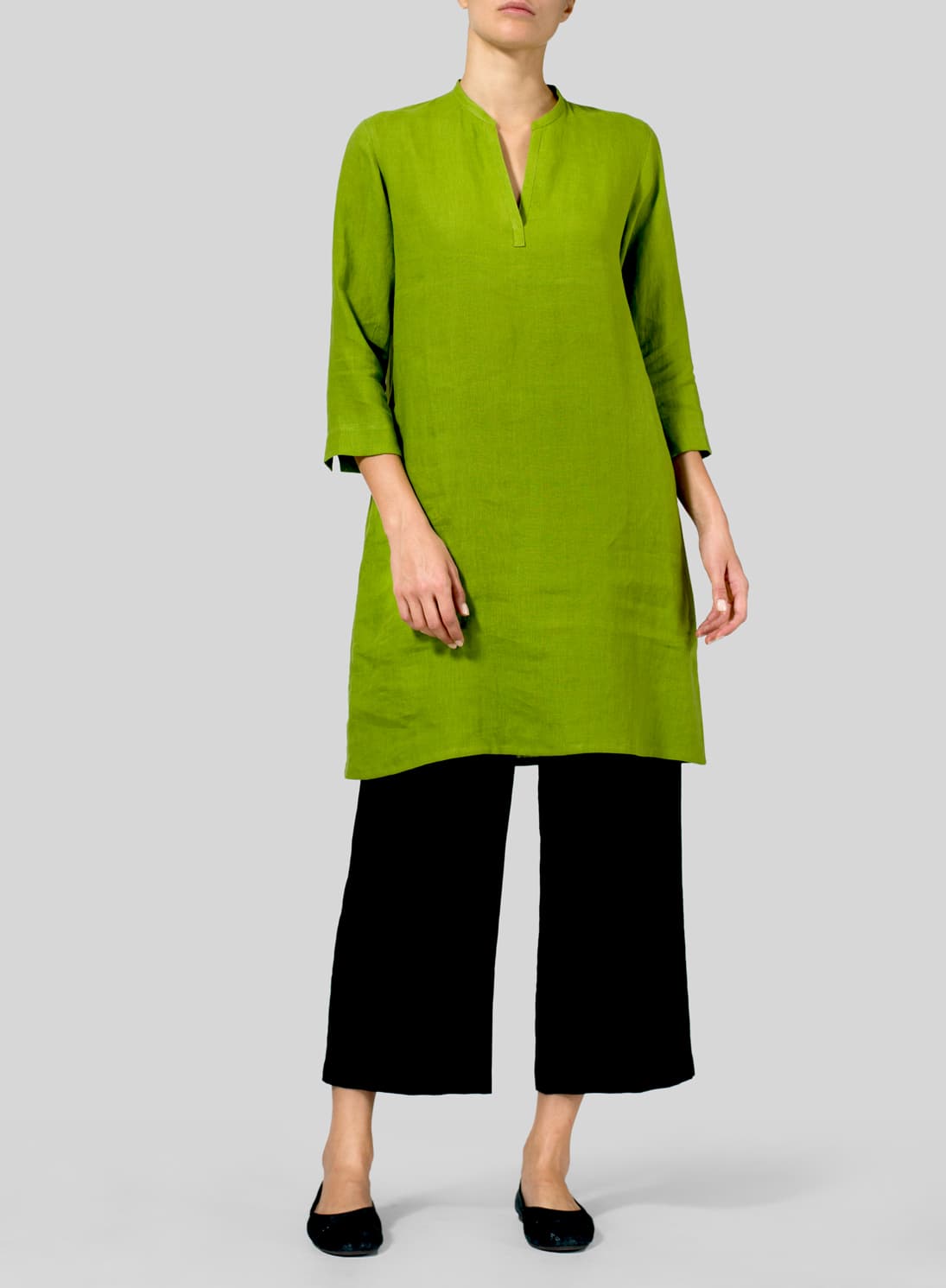 LEAF GREEN LINEN V NECK MANDARIN COLLAR TUNIC