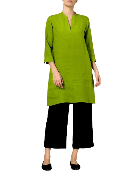 LEAF GREEN LINEN V NECK MANDARIN COLLAR TUNIC