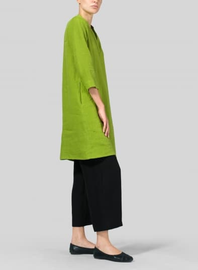LEAF GREEN LINEN V NECK MANDARIN COLLAR TUNIC