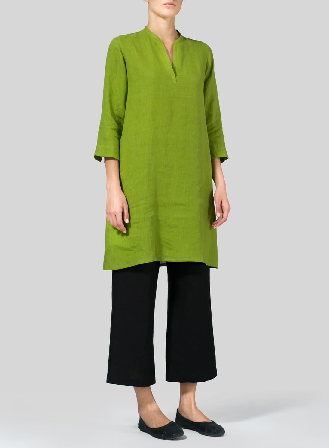 LEAF GREEN LINEN V NECK MANDARIN COLLAR TUNIC
