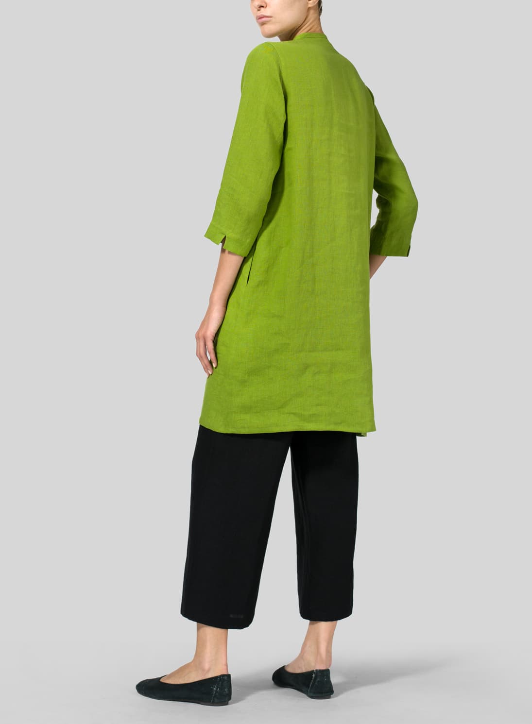 LEAF GREEN LINEN V NECK MANDARIN COLLAR TUNIC