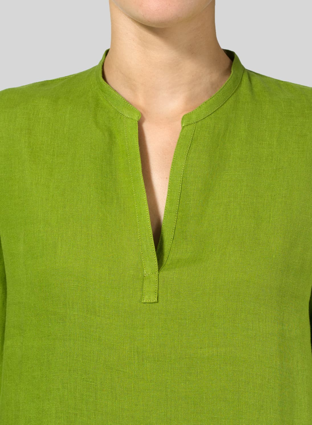LEAF GREEN LINEN V NECK MANDARIN COLLAR TUNIC