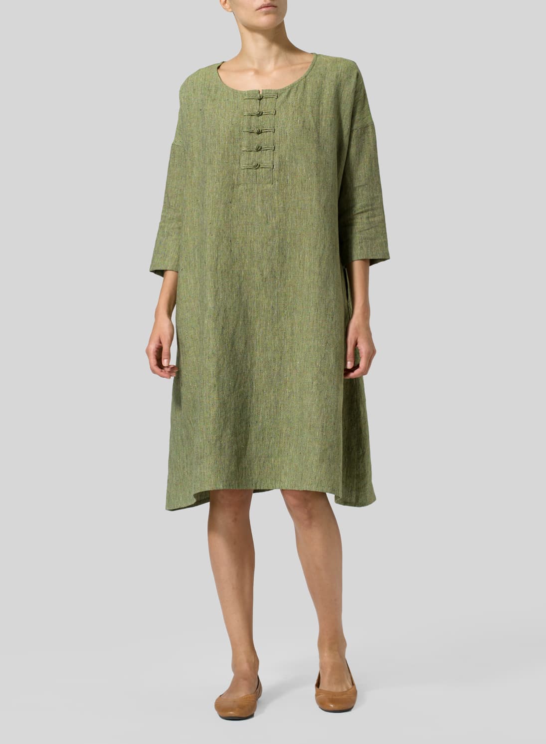 PALE OLIVE LINEN HANDMADE KNOT LONG TUNIC