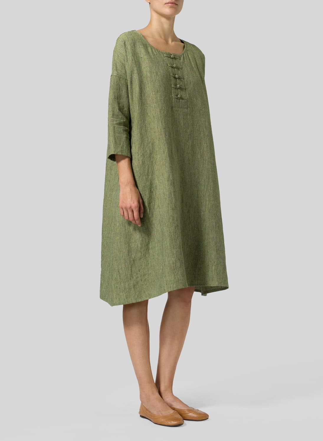 PALE OLIVE LINEN HANDMADE KNOT LONG TUNIC
