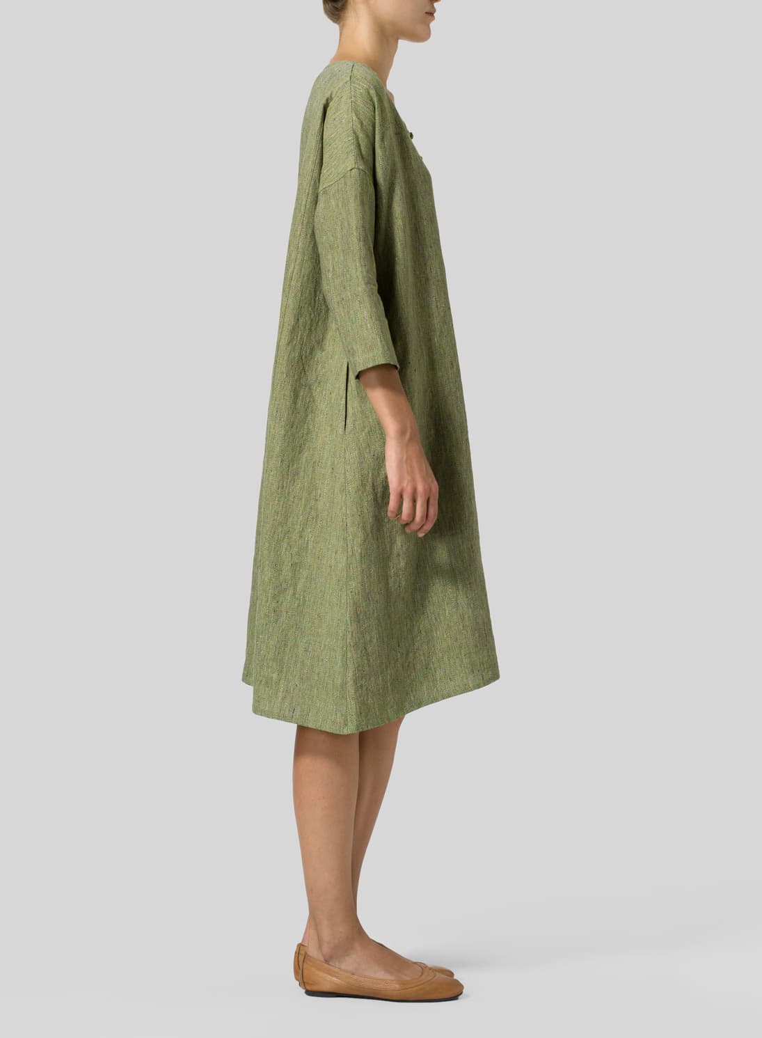 PALE OLIVE LINEN HANDMADE KNOT LONG TUNIC