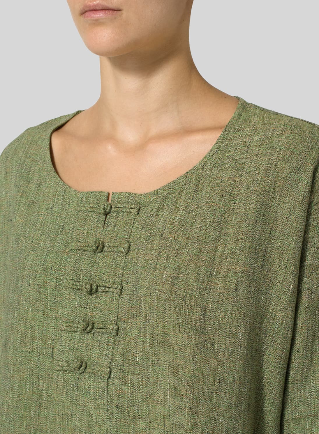 PALE OLIVE LINEN HANDMADE KNOT LONG TUNIC