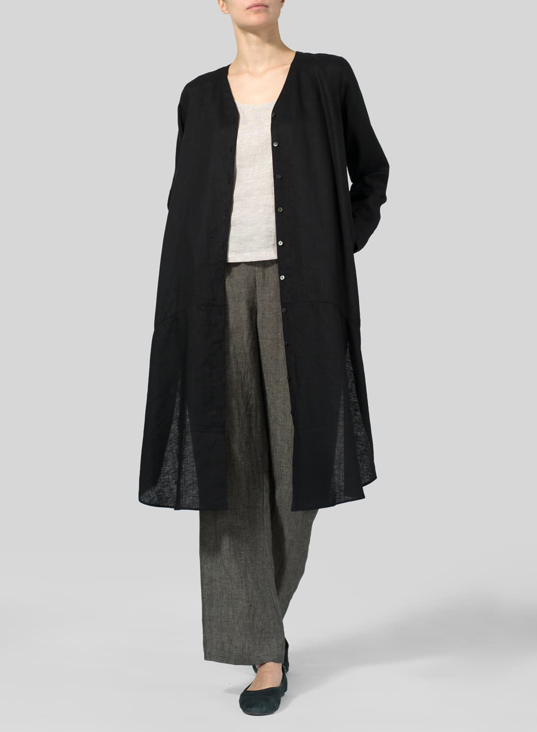 BLACK LINEN V NECK LONG BLOUSE