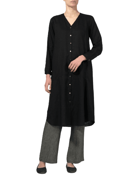 BLACK LINEN V NECK LONG BLOUSE