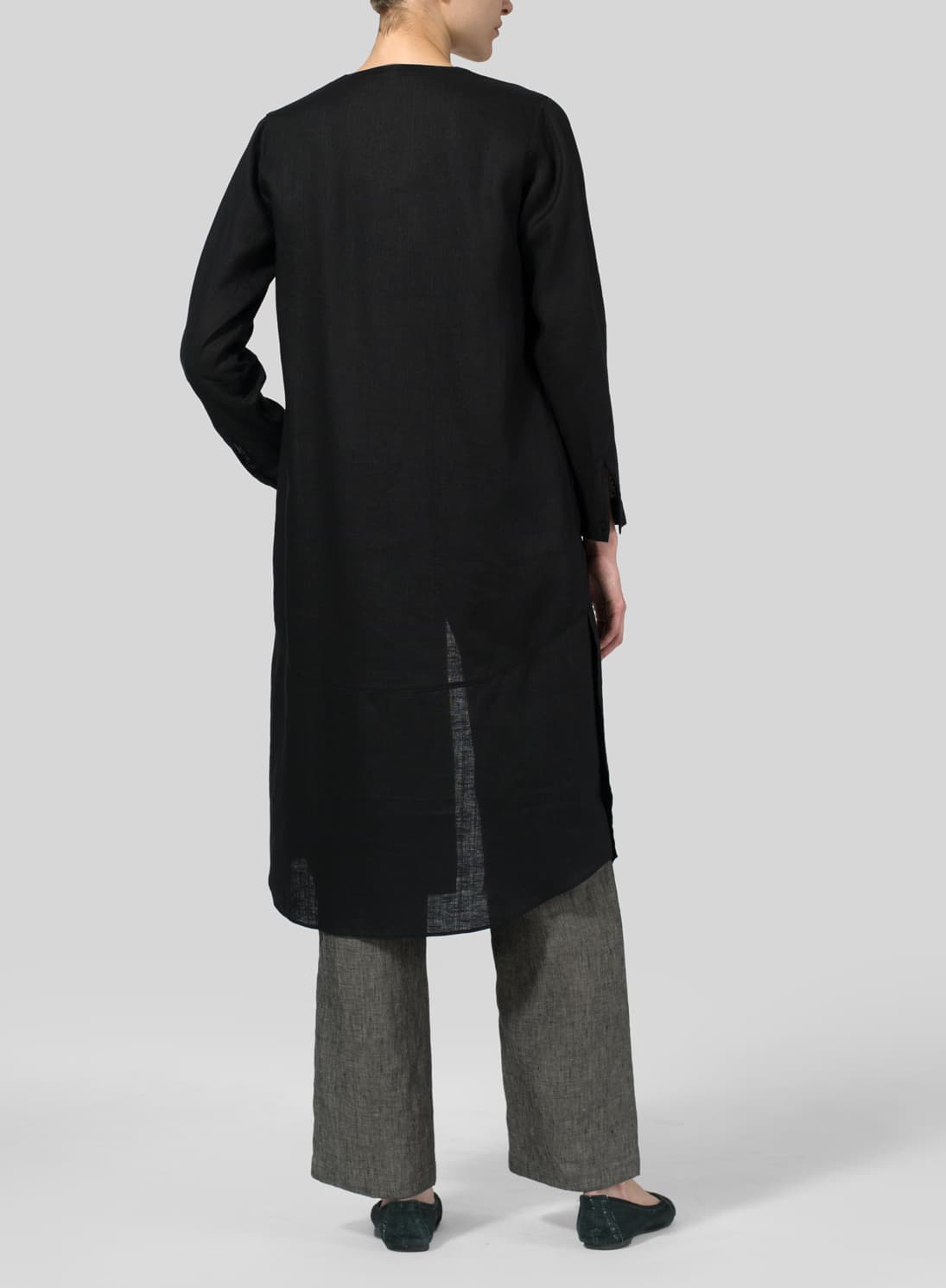 BLACK LINEN V NECK LONG BLOUSE
