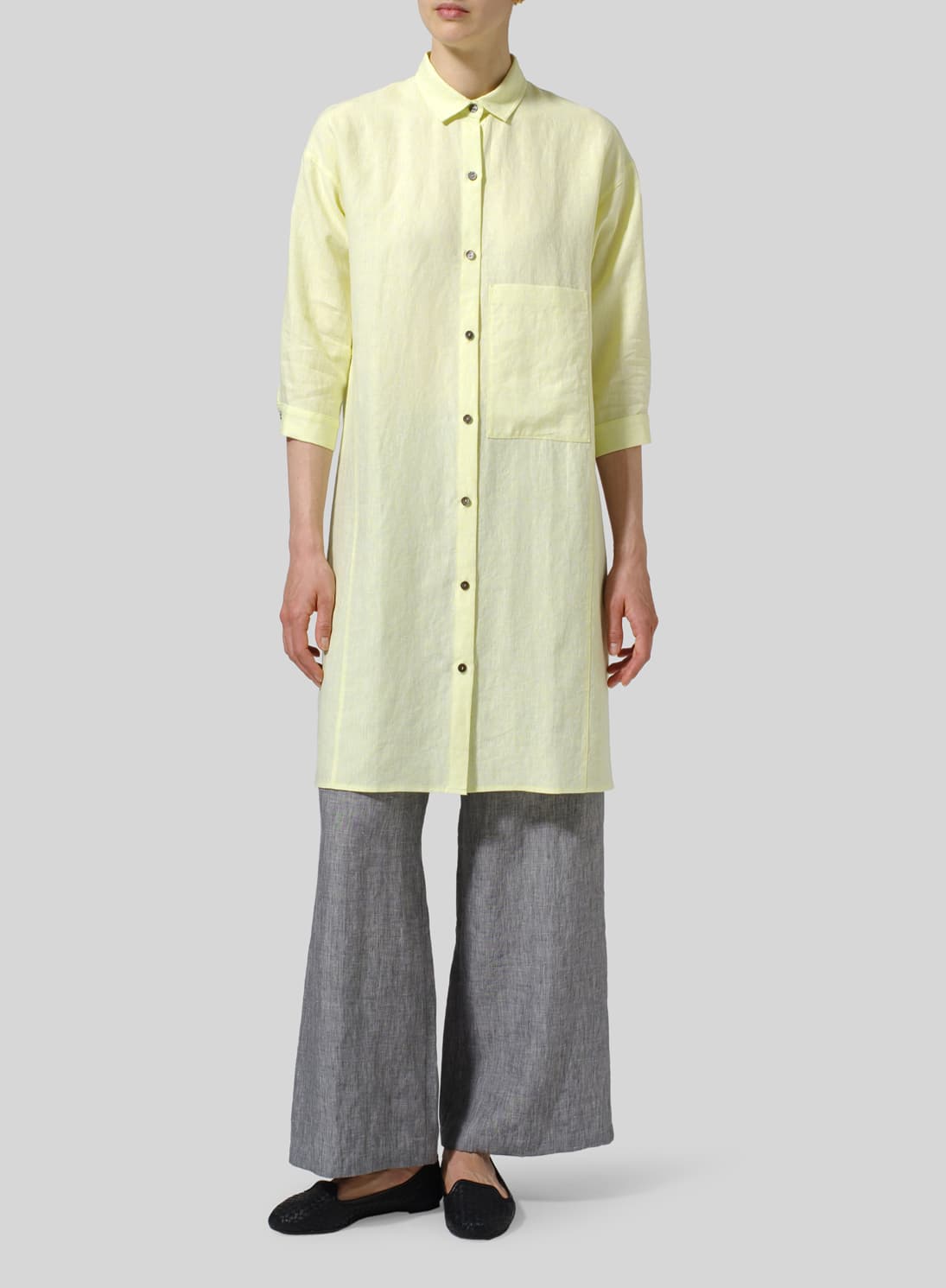 LIGHT YELLOW LINEN FOLDED COLLAR LONG BLOUSE