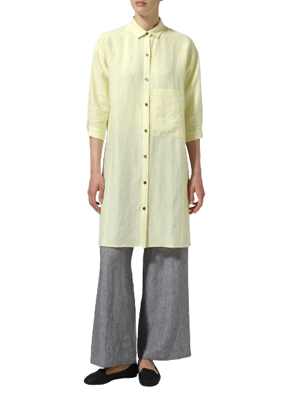 LIGHT YELLOW LINEN FOLDED COLLAR LONG BLOUSE