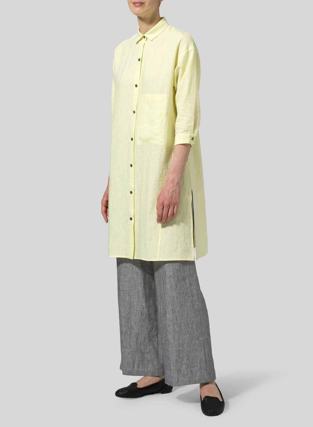 LIGHT YELLOW LINEN FOLDED COLLAR LONG BLOUSE