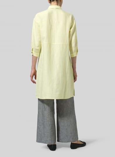 LIGHT YELLOW LINEN FOLDED COLLAR LONG BLOUSE