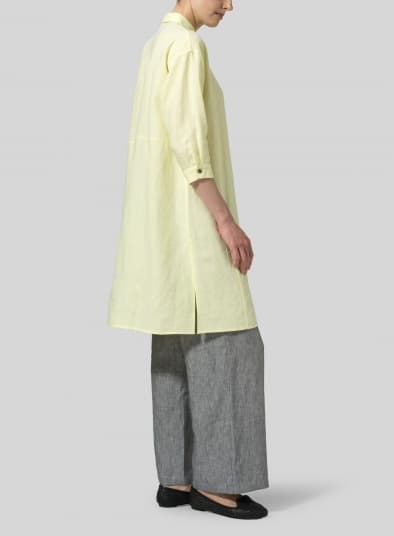 LIGHT YELLOW LINEN FOLDED COLLAR LONG BLOUSE