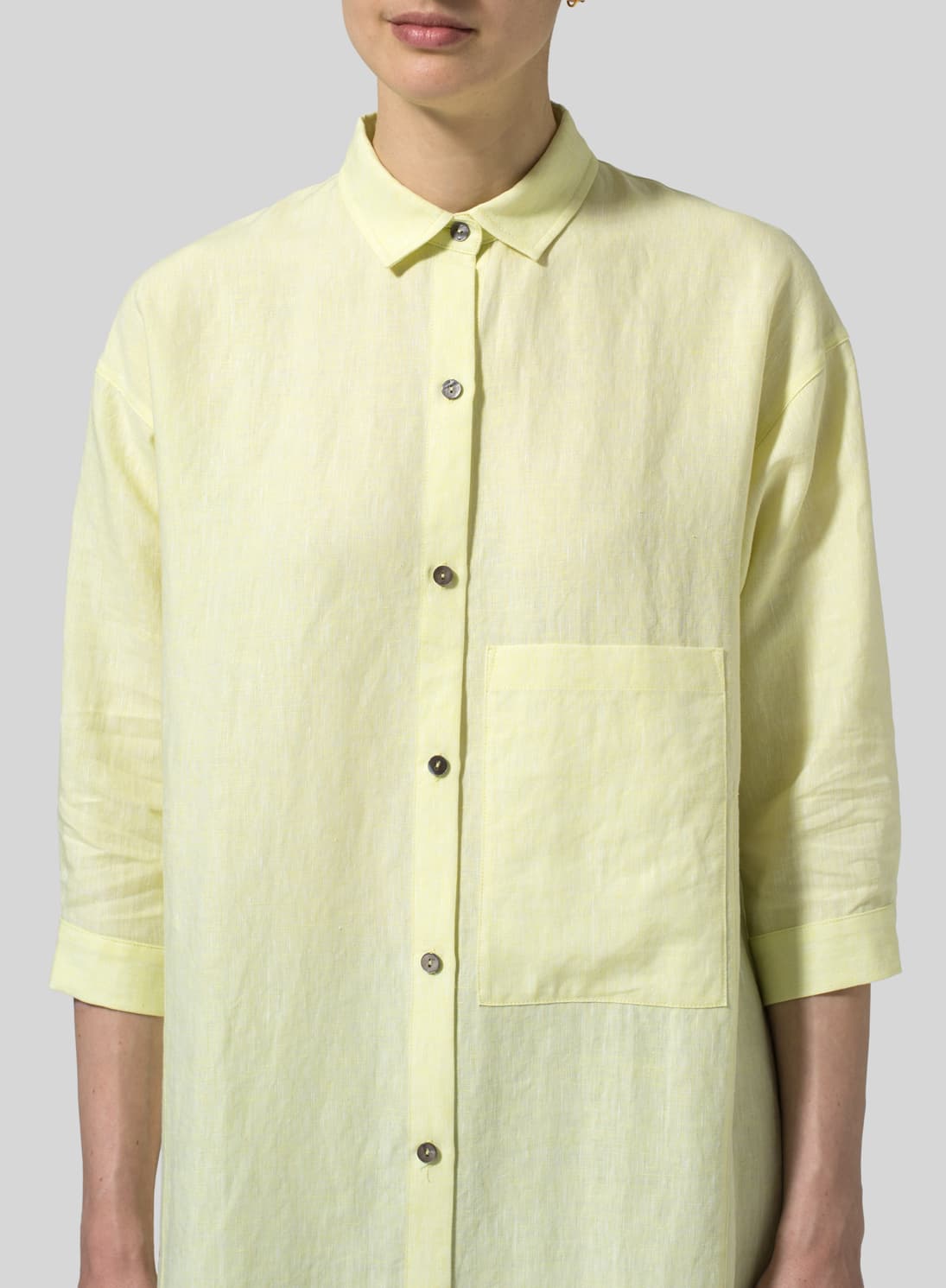 LIGHT YELLOW LINEN FOLDED COLLAR LONG BLOUSE