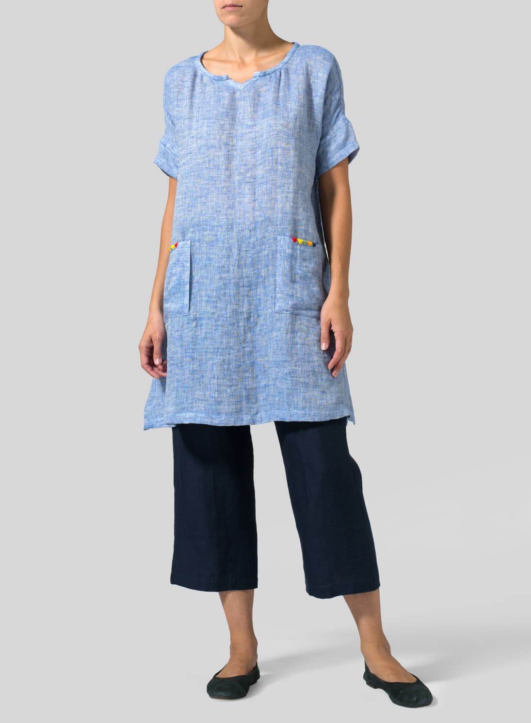 BLUE WHITE LINEN SWEETHEART NECKLINE DOUBLECLOTH TUNICS