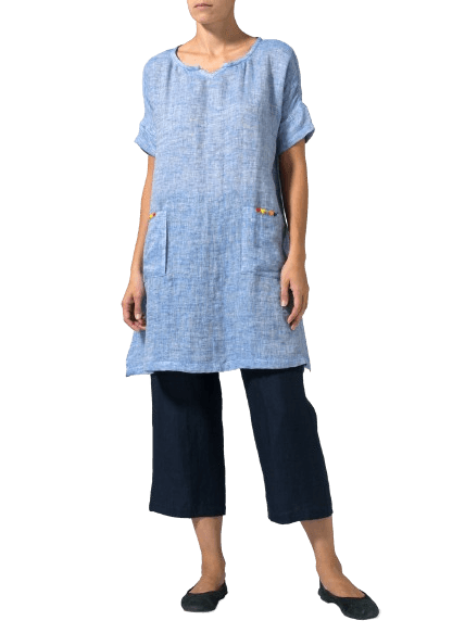 BLUE WHITE LINEN SWEETHEART NECKLINE DOUBLECLOTH TUNICS