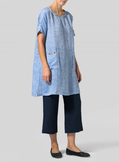 BLUE WHITE LINEN SWEETHEART NECKLINE DOUBLECLOTH TUNICS