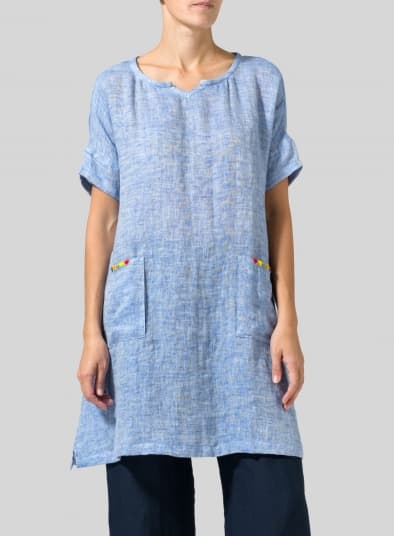 BLUE WHITE LINEN SWEETHEART NECKLINE DOUBLECLOTH TUNICS