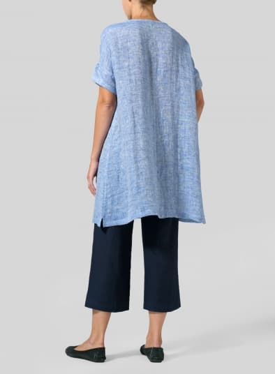 BLUE WHITE LINEN SWEETHEART NECKLINE DOUBLECLOTH TUNICS