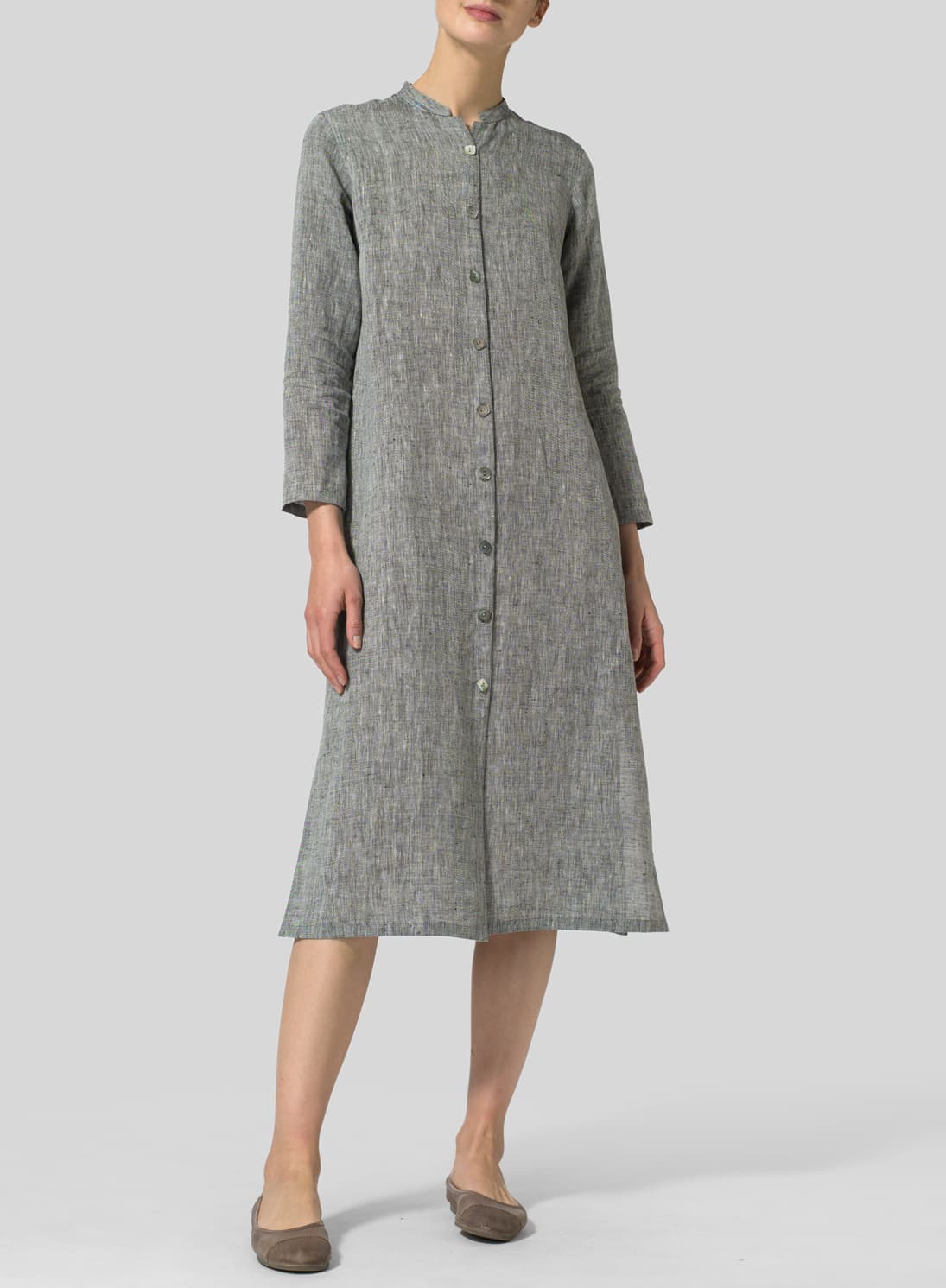 TWO TONE BLACK LINEN LONG SLIM SHIRT DRESS