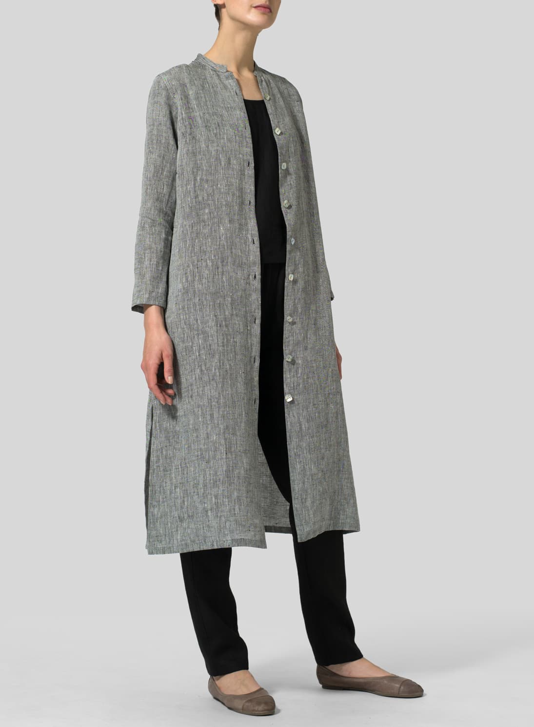 TWO TONE BLACK LINEN LONG SLIM SHIRT DRESS