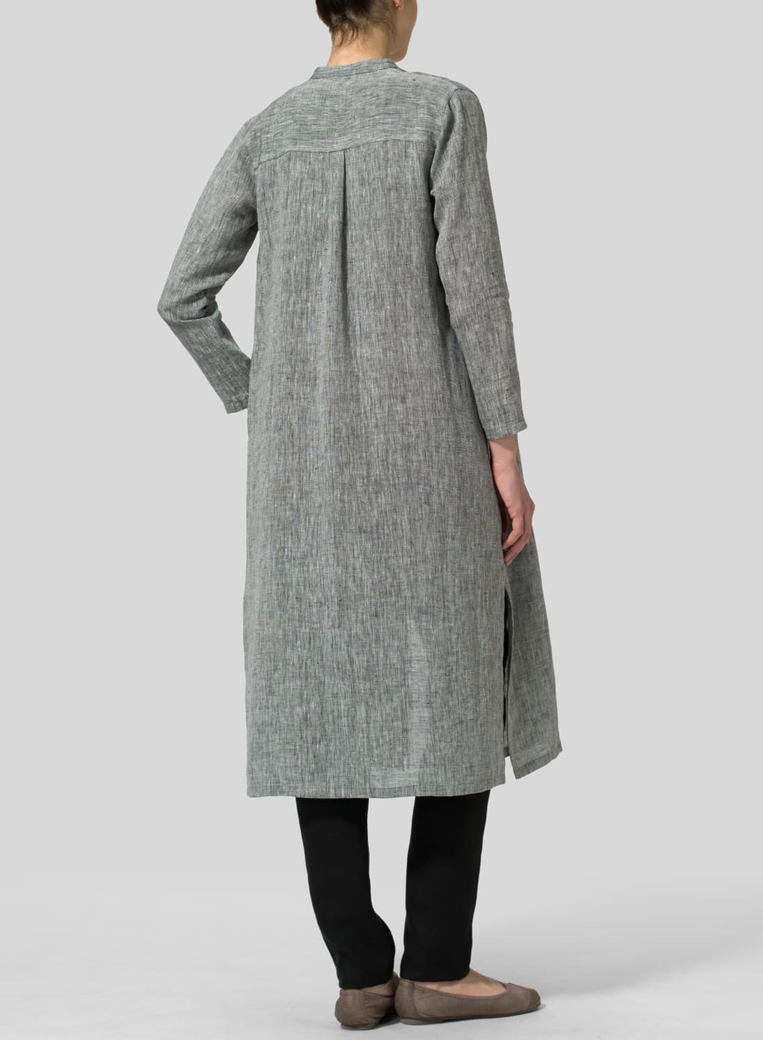 TWO TONE BLACK LINEN LONG SLIM SHIRT DRESS