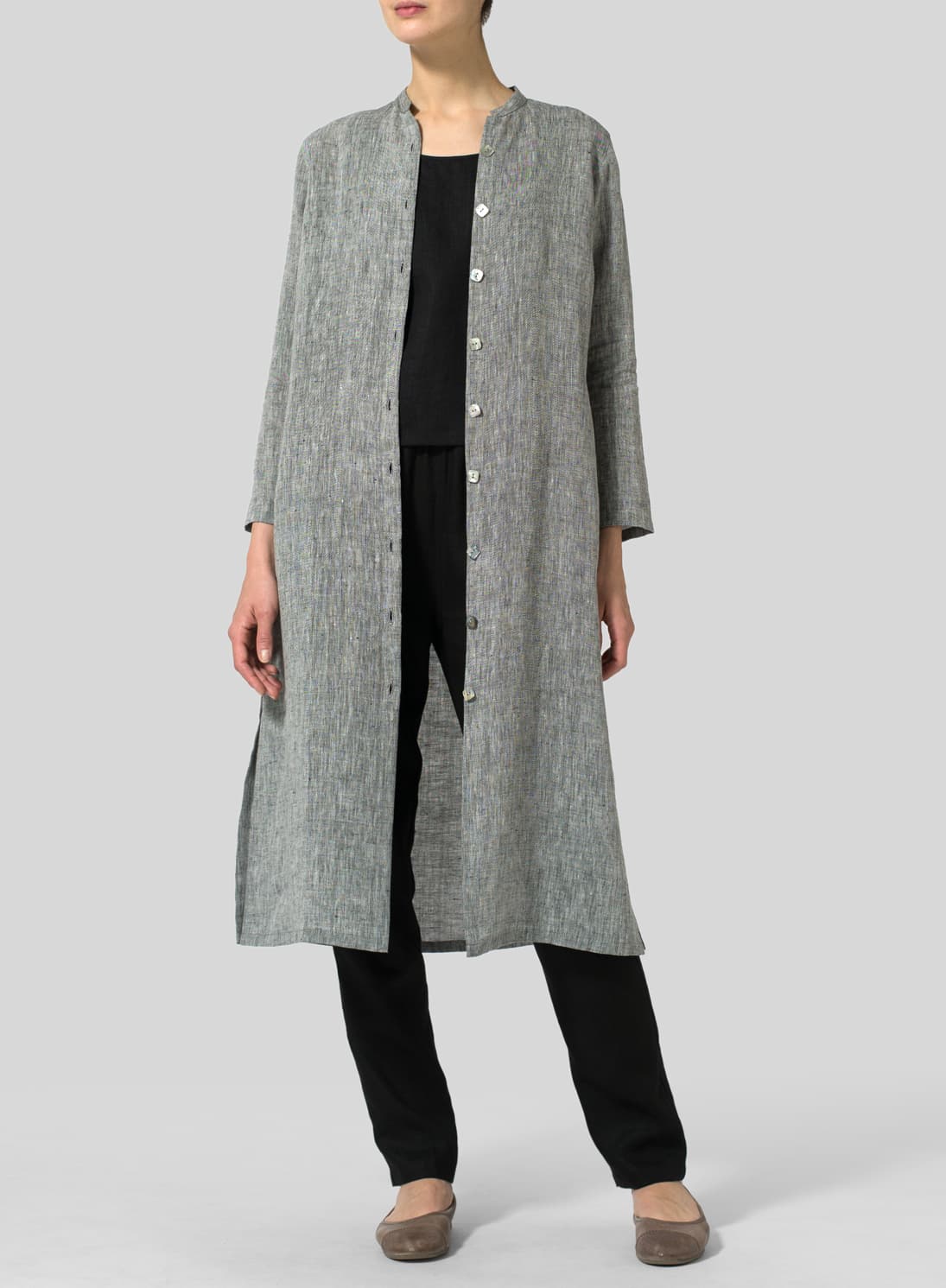 TWO TONE BLACK LINEN LONG SLIM SHIRT DRESS