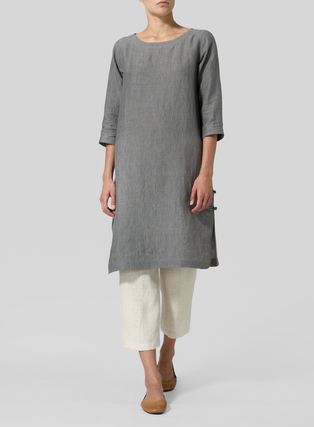 SOFT GRAY LINEN HANDMADE KNOT LONG TUNIC