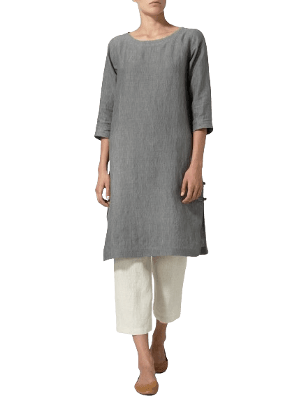 SOFT GRAY LINEN HANDMADE KNOT LONG TUNIC