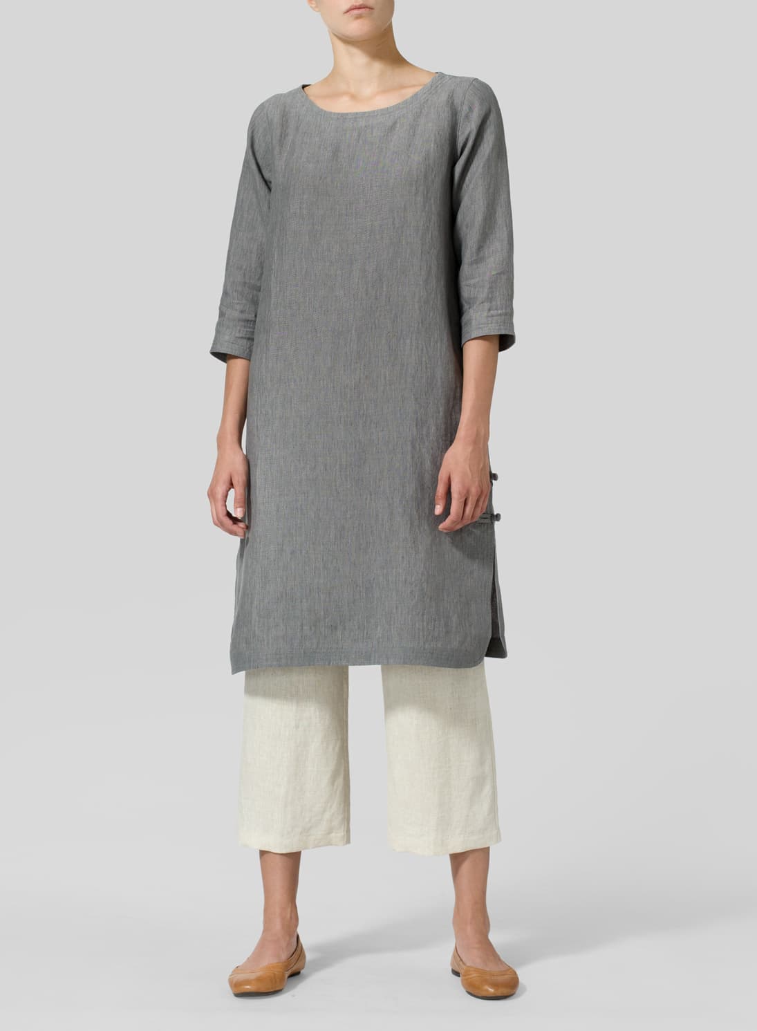 SOFT GRAY LINEN HANDMADE KNOT LONG TUNIC