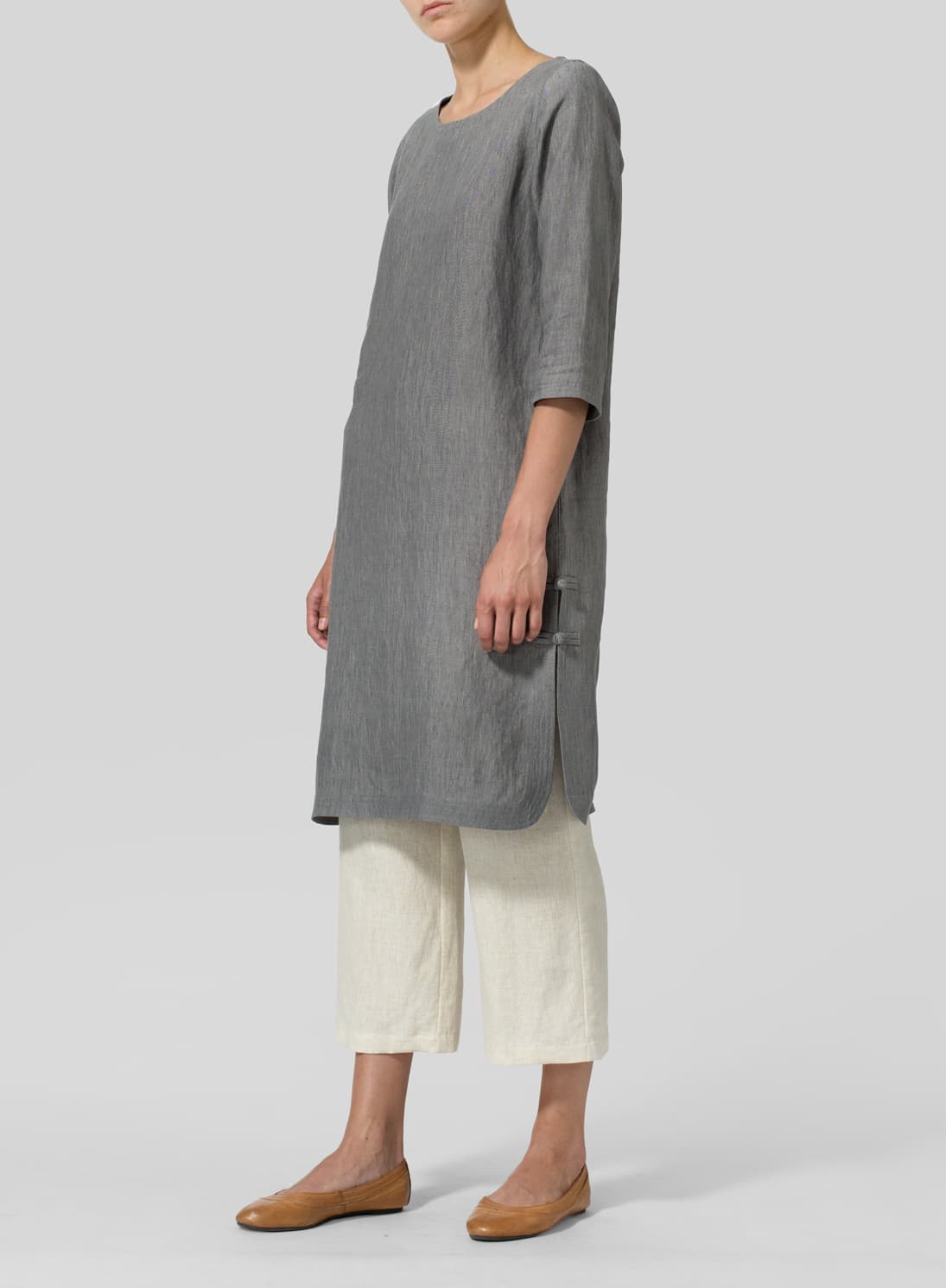 SOFT GRAY LINEN HANDMADE KNOT LONG TUNIC