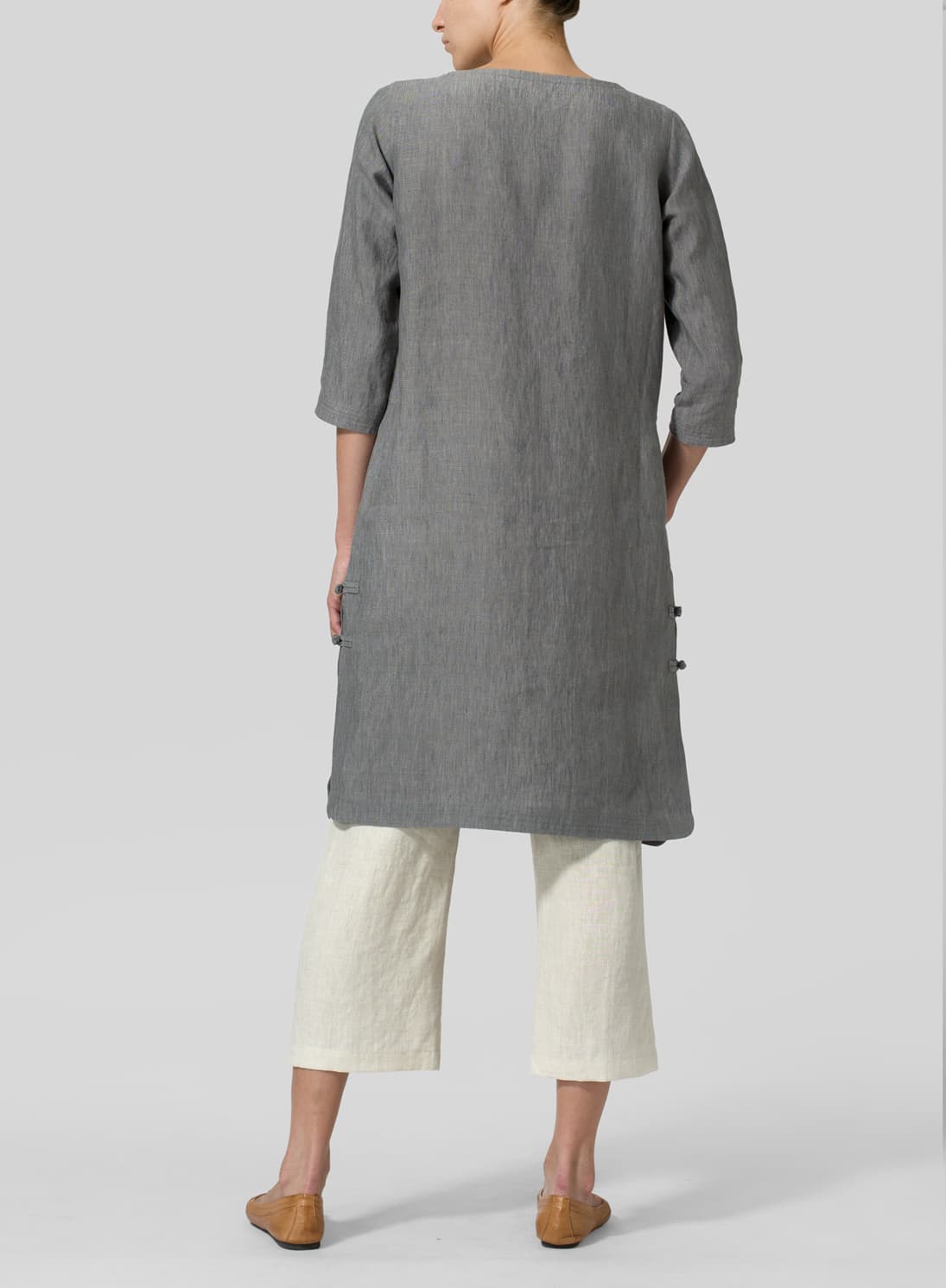 SOFT GRAY LINEN HANDMADE KNOT LONG TUNIC