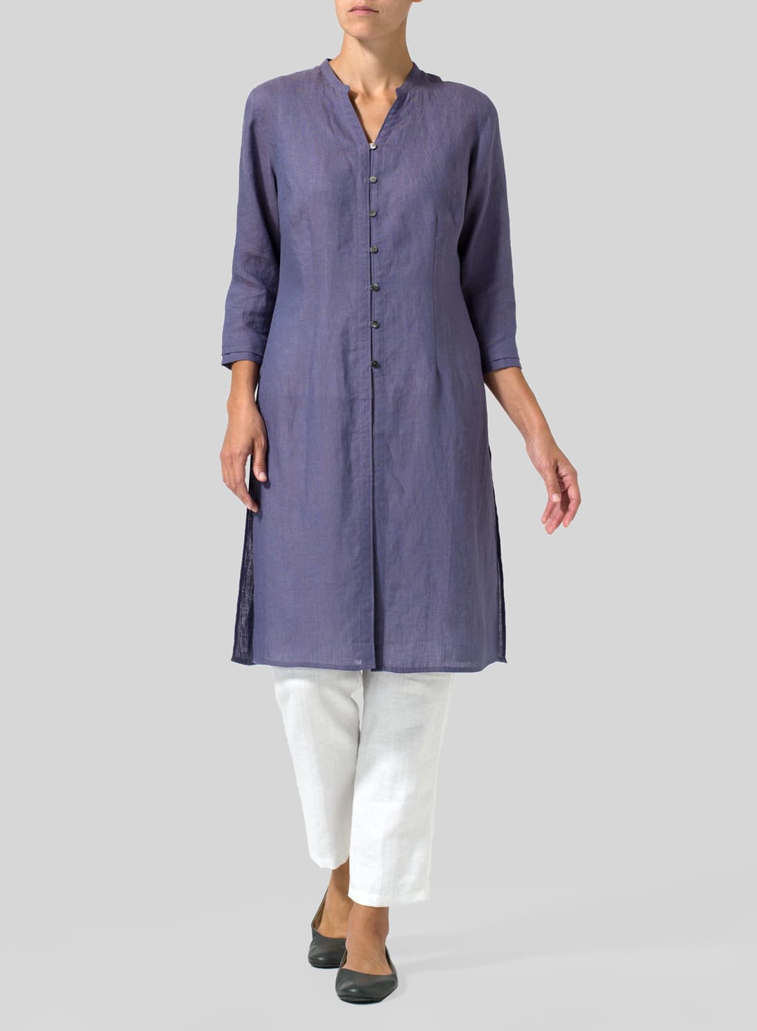 DARK SLATE PURPLE LINEN V NECK STAND COLLAR LONG BLOUSE