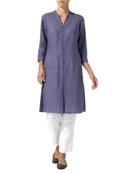 DARK SLATE PURPLE LINEN V NECK STAND COLLAR LONG BLOUSE