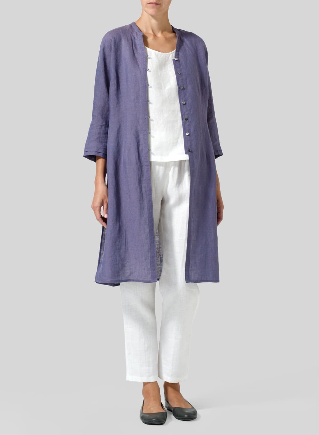 DARK SLATE PURPLE LINEN V NECK STAND COLLAR LONG BLOUSE