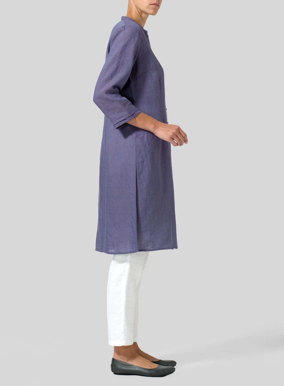 DARK SLATE PURPLE LINEN V NECK STAND COLLAR LONG BLOUSE